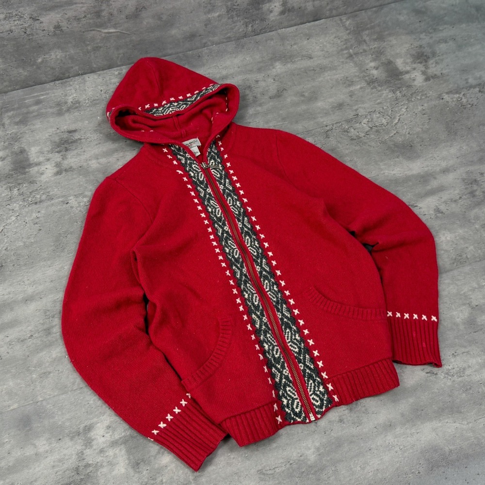 Vintage 90s Y2K Eddie Bauer Red Nordic Fair Isle Knit Full Zip Hooded Sweater